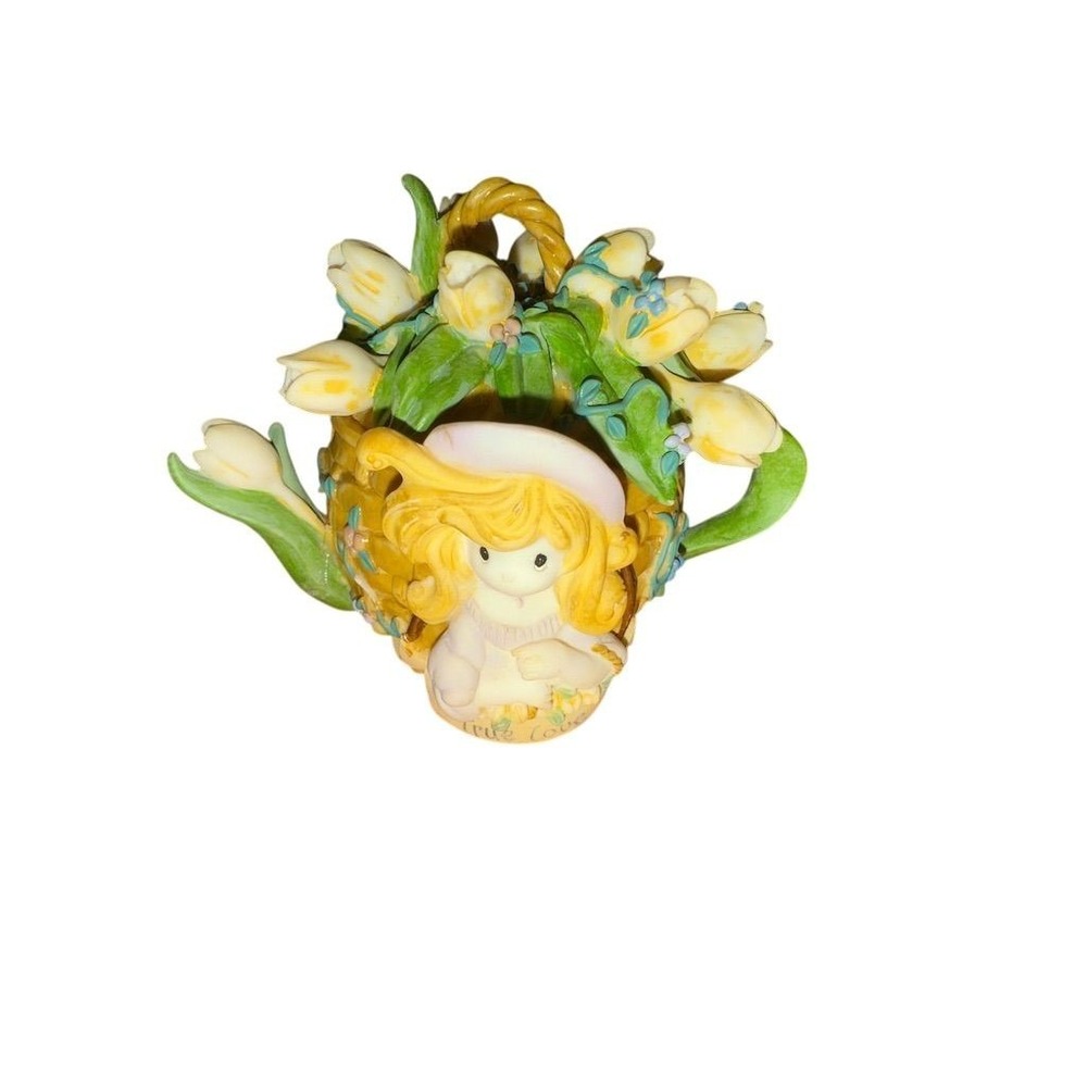 Vintage Precious Moments 1990's Mini Teapot Pastel Yellow Tulip Design true love